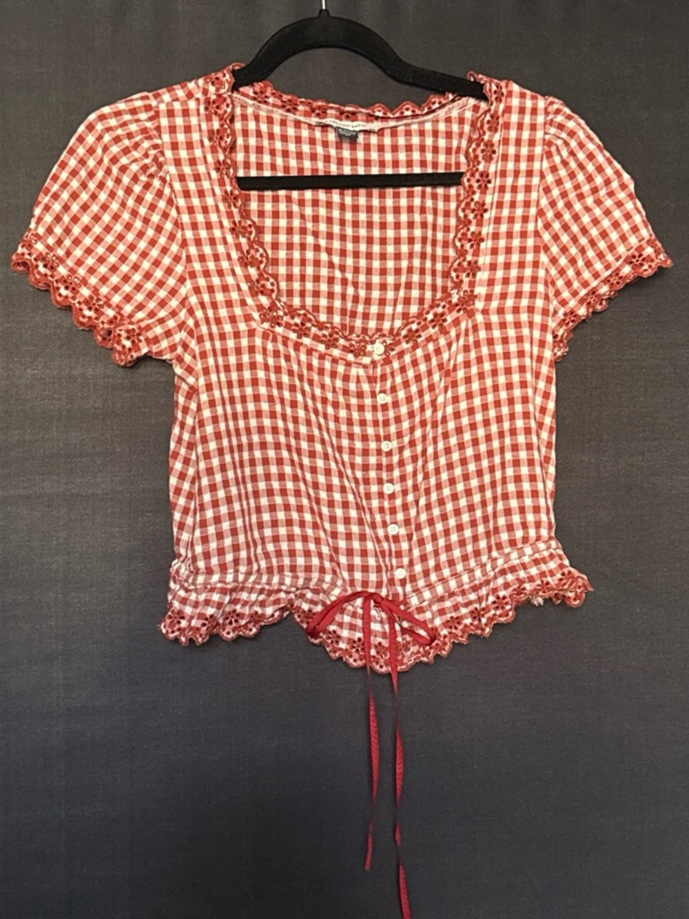 American Eagle Outfitters Red Gingham Button-Front Top with Lace Trim